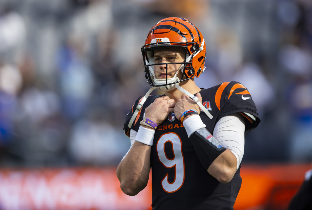 Feb 13, 2022; Inglewood, CA, USA; Cincinnati Bengals quarterback Joe Burrow (9) against the Los Angeles Rams during Super Bowl LVI at SoFi Stadium. Mandatory Credit: Mark J. Rebilas-USA TODAY Sports